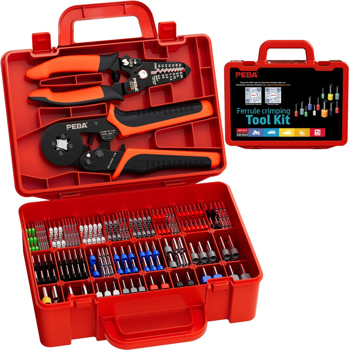 PEBA Vierkant Crimpzange Set mit Abisolierzange, 33 Grössen Aderendhülsen inkl. Twin, 0,25–10 mm², R