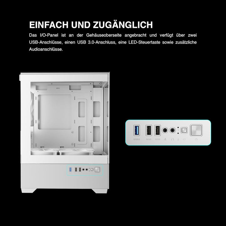 GAMDIAS Aura GC9M ARGB WH M-ATX Micro Tower PC-Gehäuse, Nahtloses Seitenteil aus Gehärtetem Glas, 3
