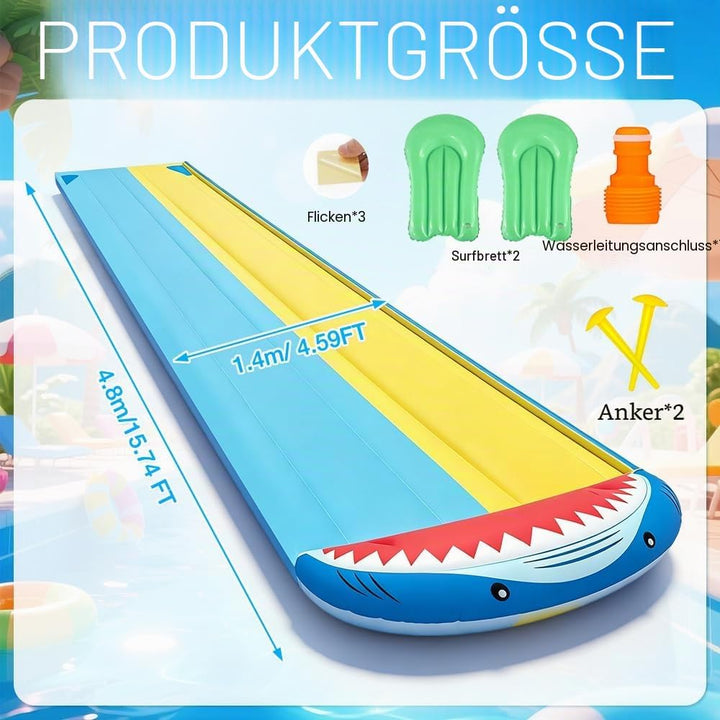 Wasserrutsche Garten für Kinder, 15.7ft/480cm Wasserrutschbahn mit 2 Bodyboards, Doppelte Rutschbahn