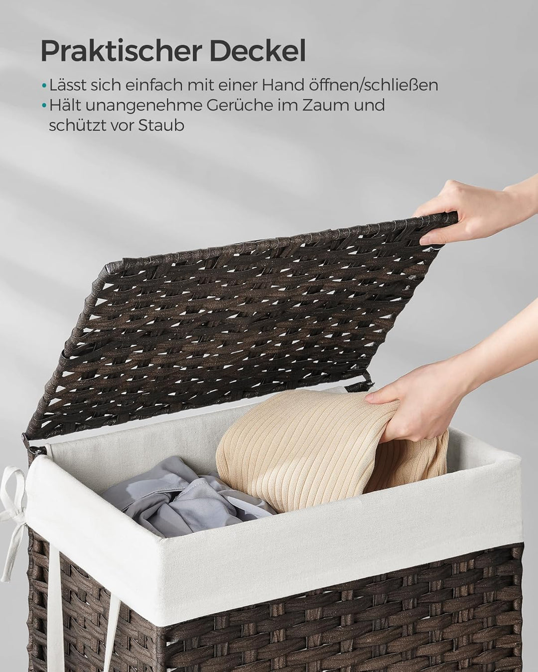 SONGMICS Wäschekorb handgeflochten, 90 L, Wäschesammler aus synthetischem Rattan, mit Deckel und Gri