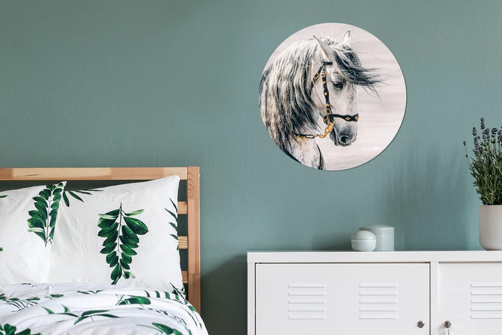 MuchoWow Wandbild Rund Wanddeko Deko Wohnzimmer Bilder 60x60 cm Pferd - Weiss - Gold, 60x60 cm