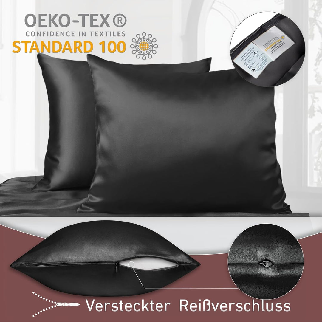 Joyhabit Seidenkissenbezug 80x80, Schwarz, 16MM Silk Pillowcase aus 100% Bio Maulbeerseide, Super fü