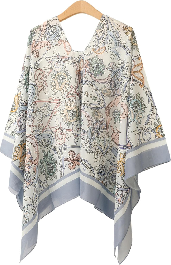 Damen 2-in-1 Sommer Poncho Schal aus Seide &amp; Baumwolle Mix leicht Umschlagtuch Tunika Schultertuch f