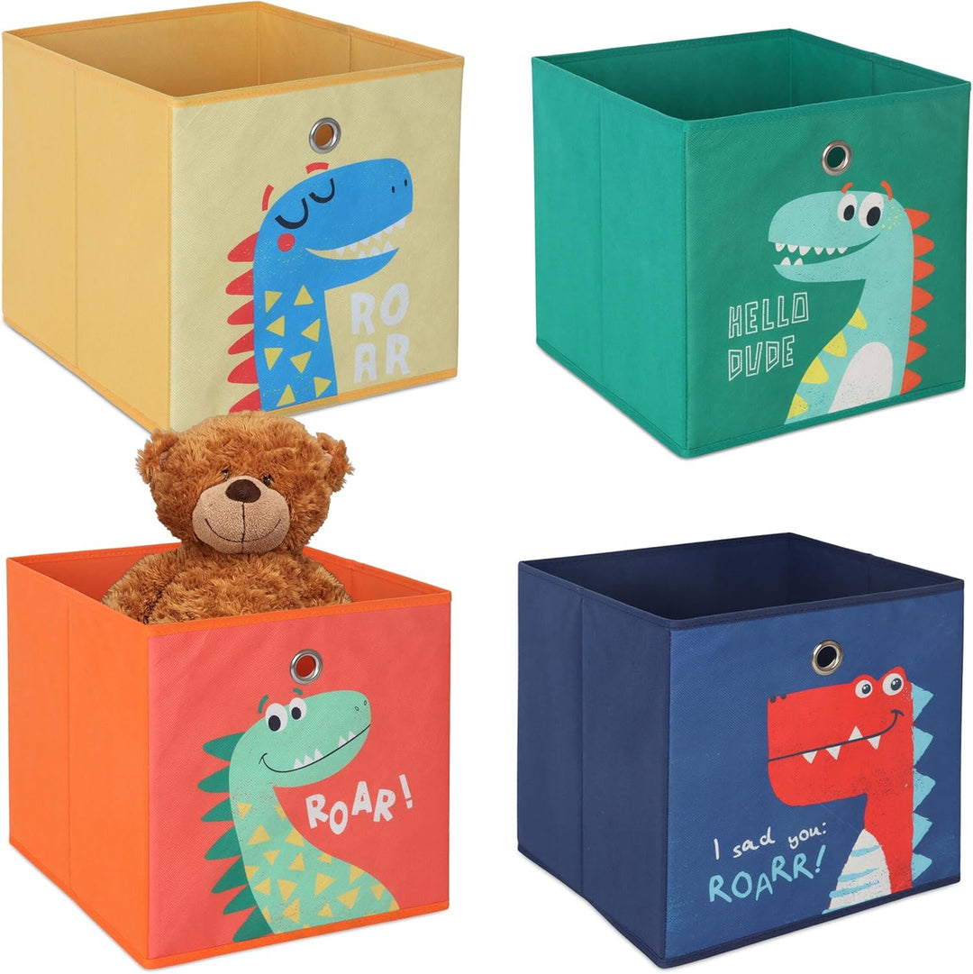 Relaxdays 4er Set, Kinder Aufbewahrungsboxen, süsse Dino-Motive, Faltbox für Würfelregale, HBT: 30x3