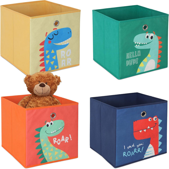 Relaxdays 4er Set, Kinder Aufbewahrungsboxen, süsse Dino-Motive, Faltbox für Würfelregale, HBT: 30x3