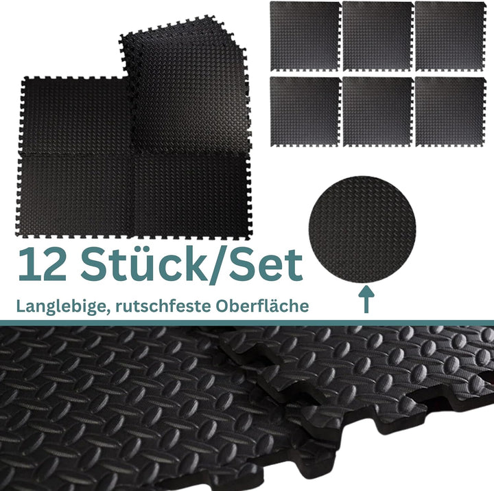 Lacers PETROLLINE Bodenschutzmatte Puzzelmatte 60x60cm schwarz 12er Set Sportmatte Gymnastikmatte Fi