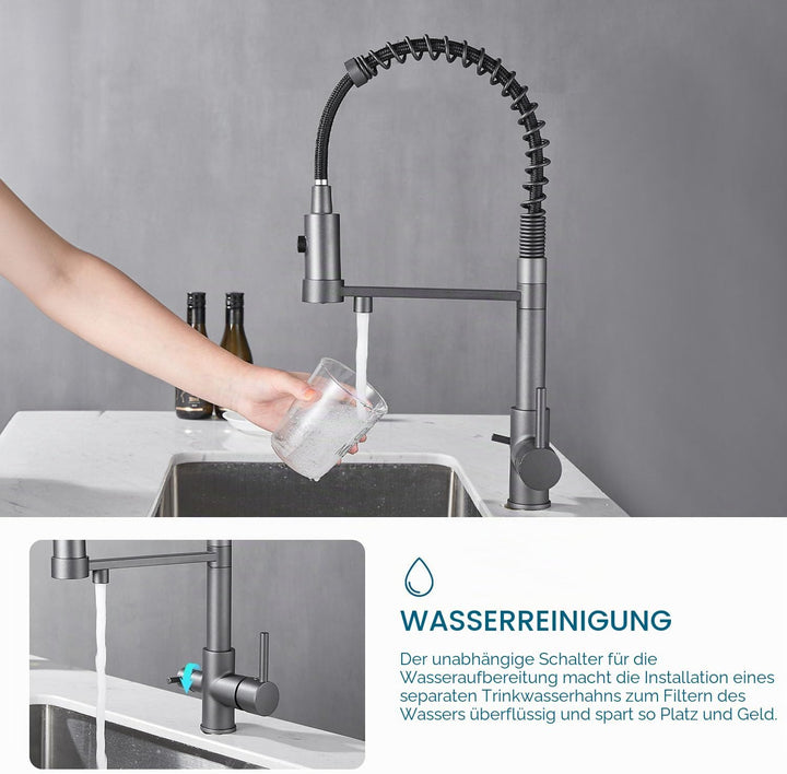 3-Wege-Küchenarmatur, 360° drehbarer Mischbatterie, Spültischmischer mit flexiblem Auslauf, Küchenar
