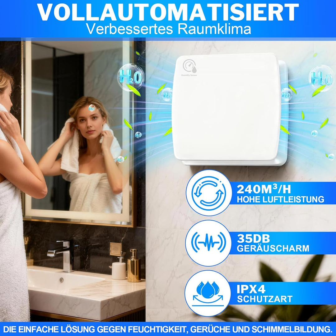 Ø150mm Badlüfter mit Feuchtigkeitssensor & Nachlauf [18W - IPX4-35db] Leiser Abluftventilator mit Rü