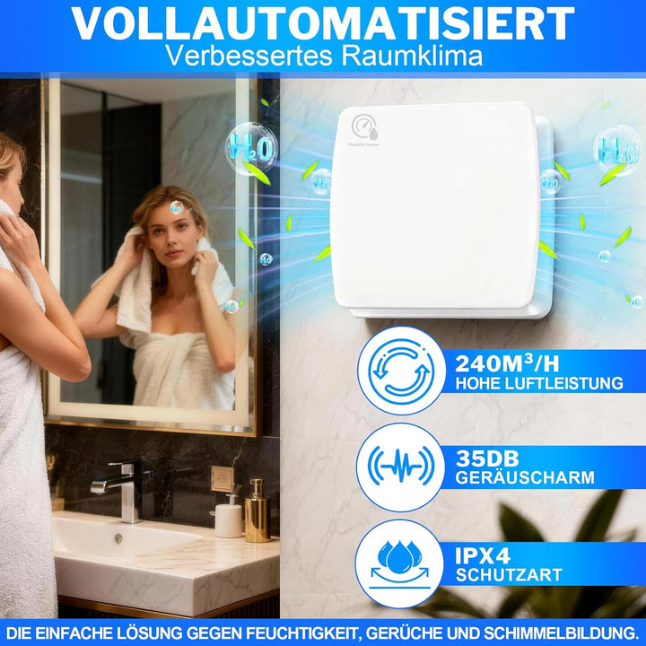 Ø150mm Badlüfter mit Feuchtigkeitssensor & Nachlauf [18W - IPX4-35db] Leiser Abluftventilator mit Rü