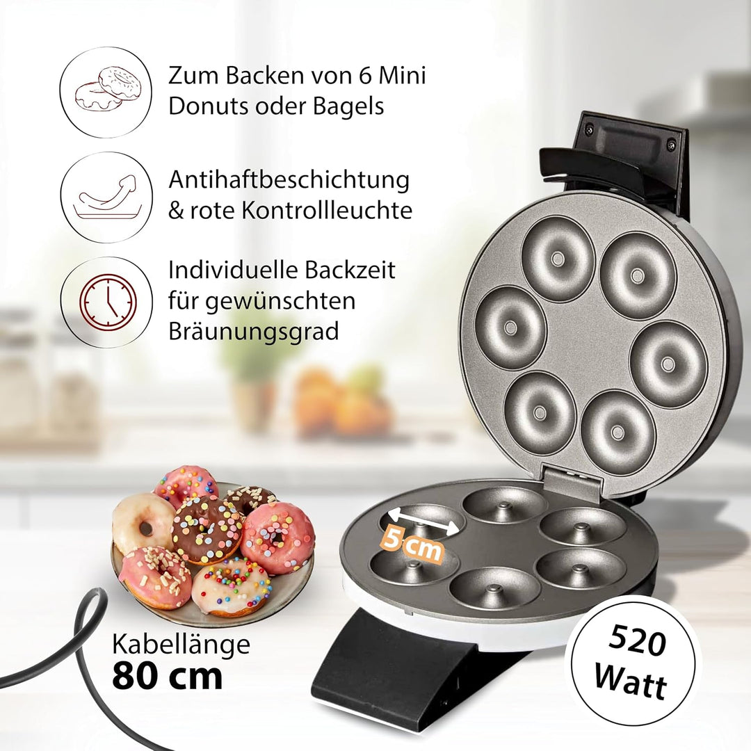Cloer 6121 Donut Maker für 6 Mini-Donuts oder Bagels, Antihaftbeschichtung, rote Kontrollleuchte, pl