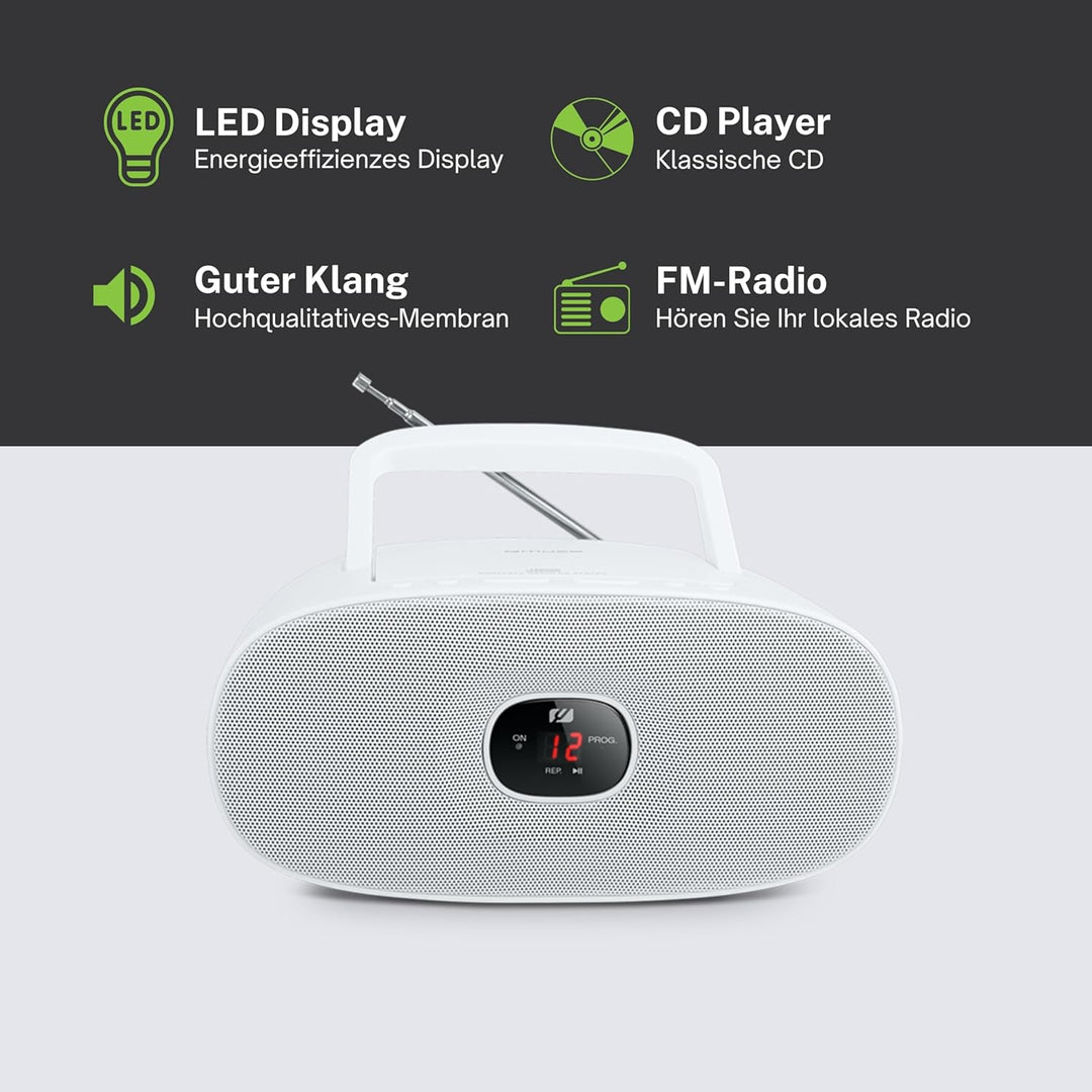 Muse MD-202 RDW Stereo UKW-Radio mit CD-Player (LED Display, Repeat, AUX-In, Teleskopantenne) weiss,
