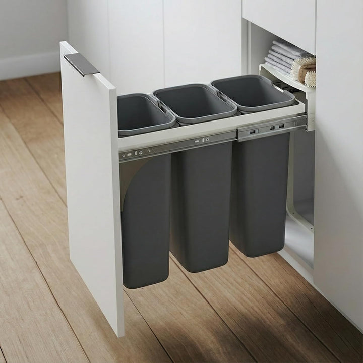 Einbau-Mülleimer für 30 cm Schrank 3-fach Abfallsystem mit Deckel Soft-Close & Vollauszug 26,4 x 50