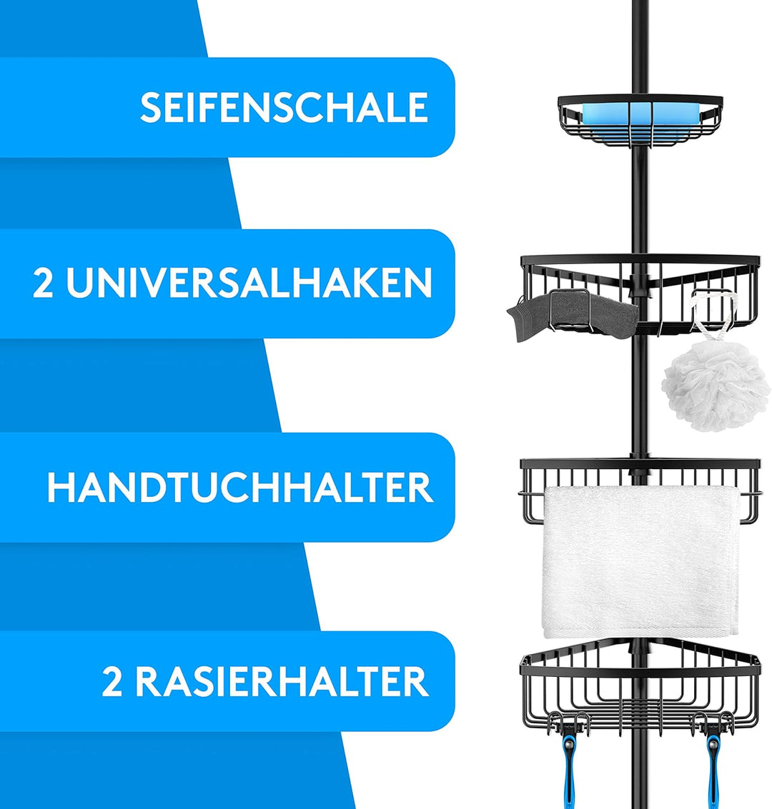 EDELHAND© Teleskop Duschregal Schwarz für Höhe von 105 bis 270 cm - Teleskopregal Bad für Dusche und