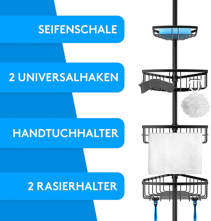 EDELHAND© Teleskop Duschregal Schwarz für Höhe von 105 bis 270 cm - Teleskopregal Bad für Dusche und