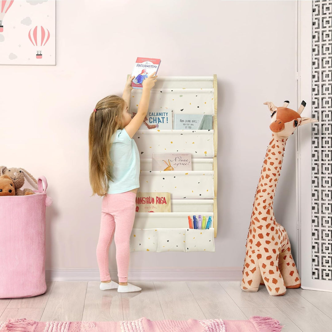 Bücherregal Kinder Wand Kinderbücherregal Montessori mit 4 Ablagen & 3 Taschen Kinderregal Wandregal