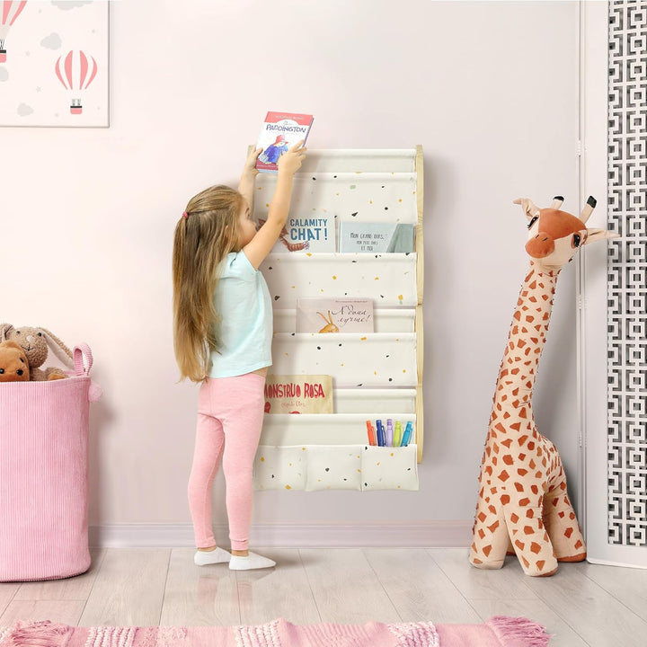 Bücherregal Kinder Wand Kinderbücherregal Montessori mit 4 Ablagen & 3 Taschen Kinderregal Wandregal