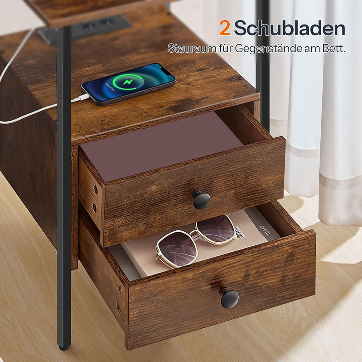 HOOBRO Nachttisch mit Ladestation, Beistelltisch, Sofatisch mit 2 Schubladen, Couchtisch mit USB-Ans