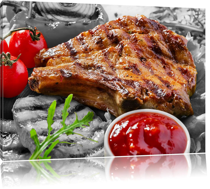 Saftiges Steak mit Grillkäse schwarz/weiss Format: 100x70 cm auf Leinwand, XXL riesige Bilder fertig