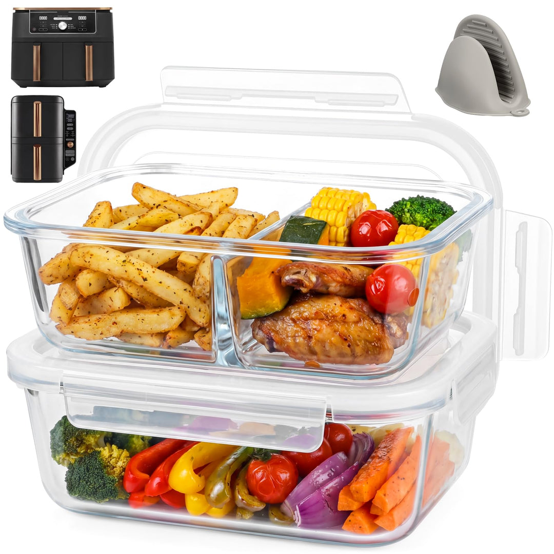 BYKITCHEN 2 Stück Glas Auflaufform für Airfryer mit Deckel & Silikon Ofenhandschuhe, Airfryer Zubehö
