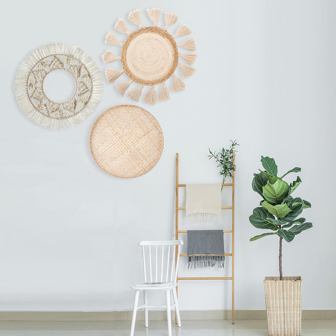 Boho-Wandbehang, flach, rund, gewebt, Makramee-Quasten, weisser Wandteppich, Bambus-Wandkorb, Servie