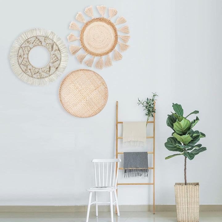 Boho-Wandbehang, flach, rund, gewebt, Makramee-Quasten, weisser Wandteppich, Bambus-Wandkorb, Servie