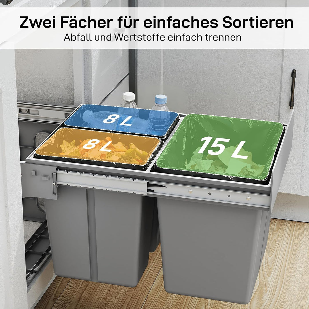 HOMCOM 31L Ausziehbarer Abfallbehälter 15L + 8L x 2, Soft-Close Untertischbehälter mit herausnehmbar