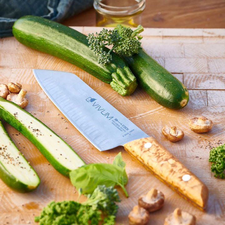 F. DICK Santoku VIVUM 18 cm - rostfrei, Klinge extra scharf, 58 HRC, Kullenschliff Kochmesser Birken