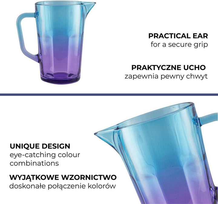 TREND FOR HOME Wasserkaraffe Glas 1 Liter mit Handlichem Griff Bunt Wasserkrug 19 cm Glaskanne Blau