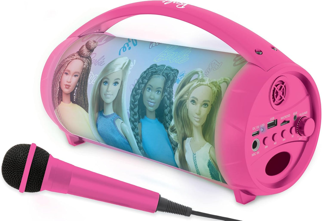Lexibook, Barbie, Kabelloser Lichtlautsprecher mit Mikrofon, Stereosound, Karaoke-Funktion, USB- und