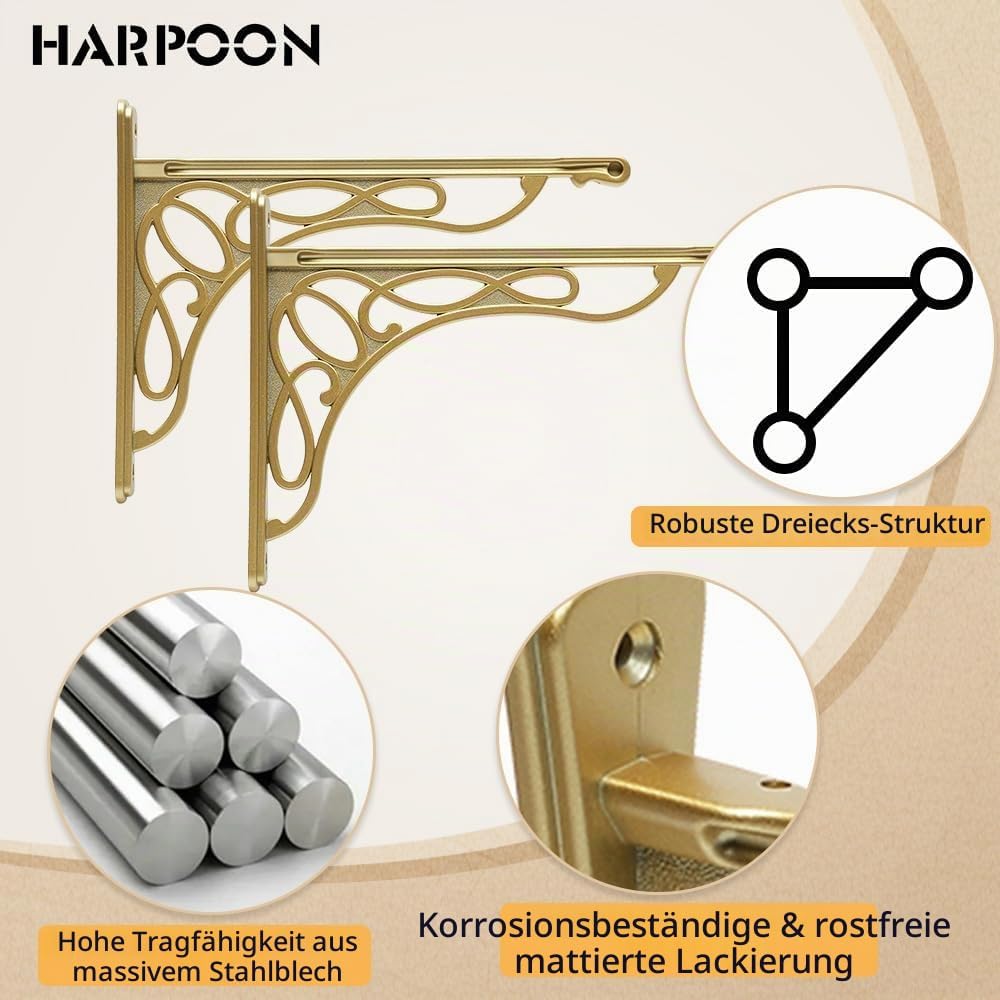 HARPOON Wandregalhalterung, robust und Hardware im Lieferumfang enthalten, 2 Stück, gebürstetes Gold