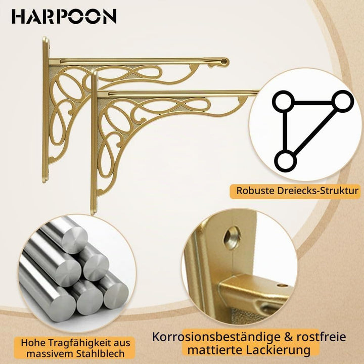HARPOON Wandregalhalterung, robust und Hardware im Lieferumfang enthalten, 2 Stück, gebürstetes Gold