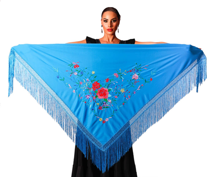 Damen Spanischer Flamenco Manila Schal, Blauer Körper, Mehrfarbige Stickerei