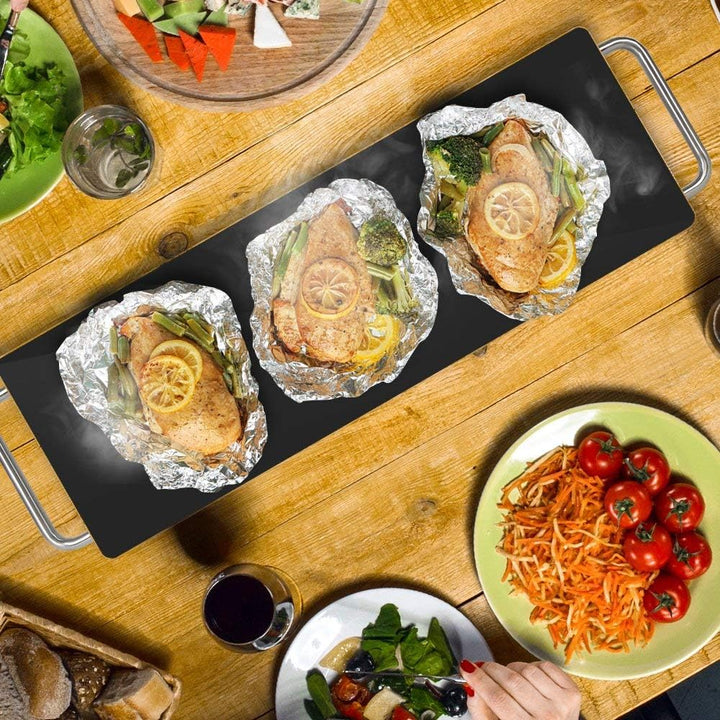 NutriChef Warmhalteplatte Elektrisch – 56,9 × 17 cm Glas-Kochplatte mit Griffen für Speisen, Für Buf