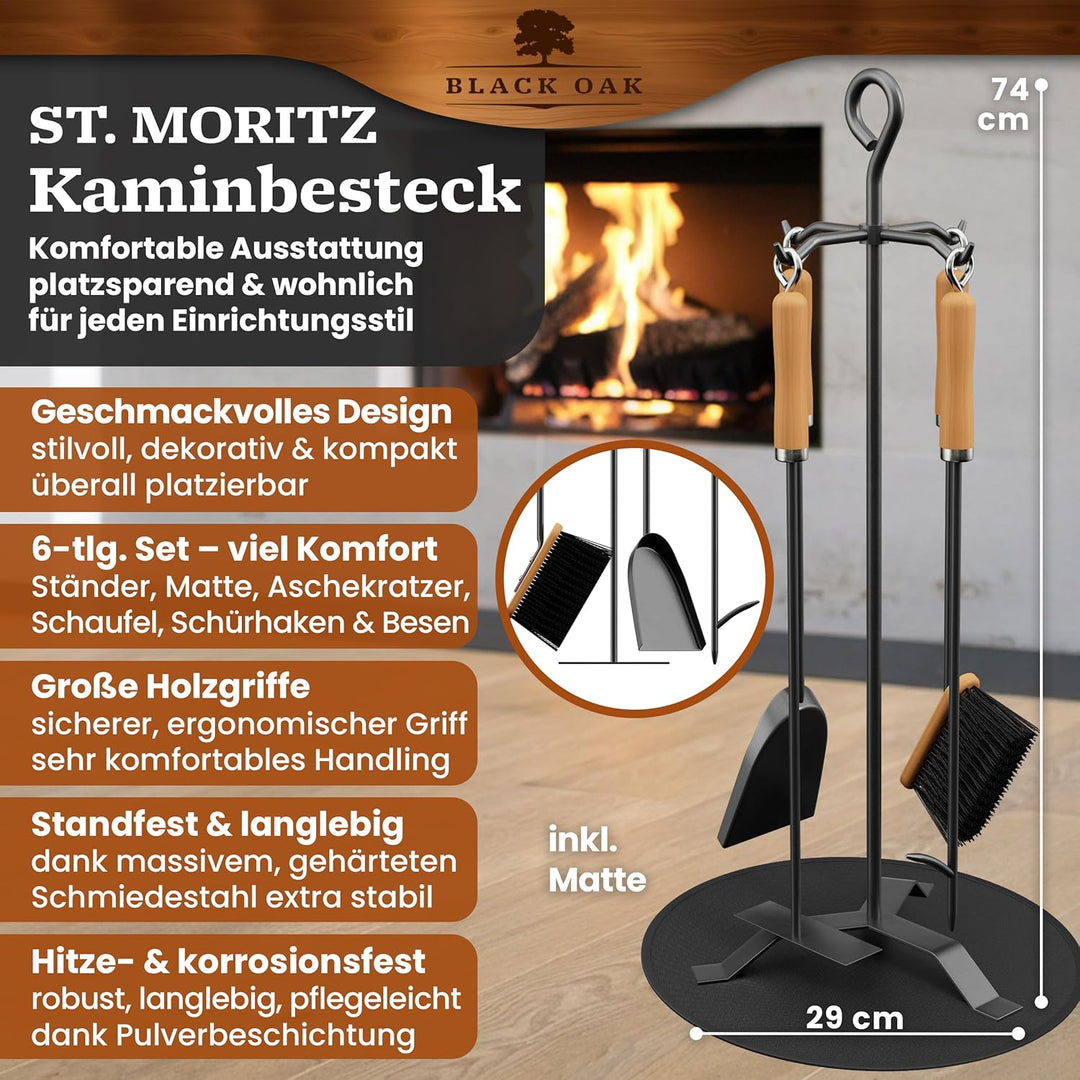 BLACK OAK Kaminbesteck ST. MORITZ 6-teilig - wohnliches & dekoratives Ofenbesteck Set schwarz mit Ho