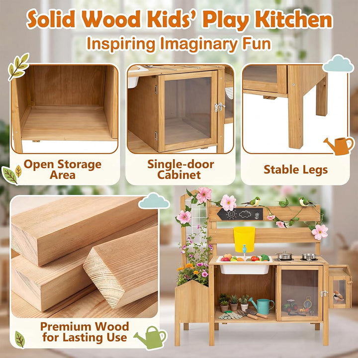 DREAMADE Matschküche Kinder Outdoor, Mud Kitchen Holz | Küche Kinder mit Rankgitter, Pflanzkasten &amp;