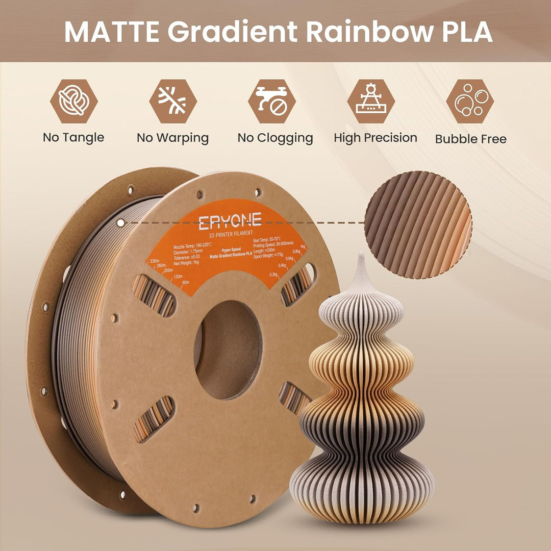 ERYONE Matte PLA 3D Drucker Filament 1.75mm, Matte Gradient Rainbow PLA, Massgenauigkeit +/- 0.03 mm