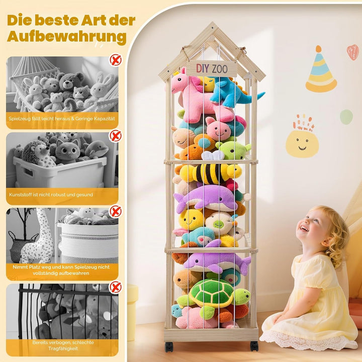 Kuscheltier Aufbewahrung 146x47x35CM, MINENICE Plüschtier Aufbewahrung aus Massivholz mit 360° Fests