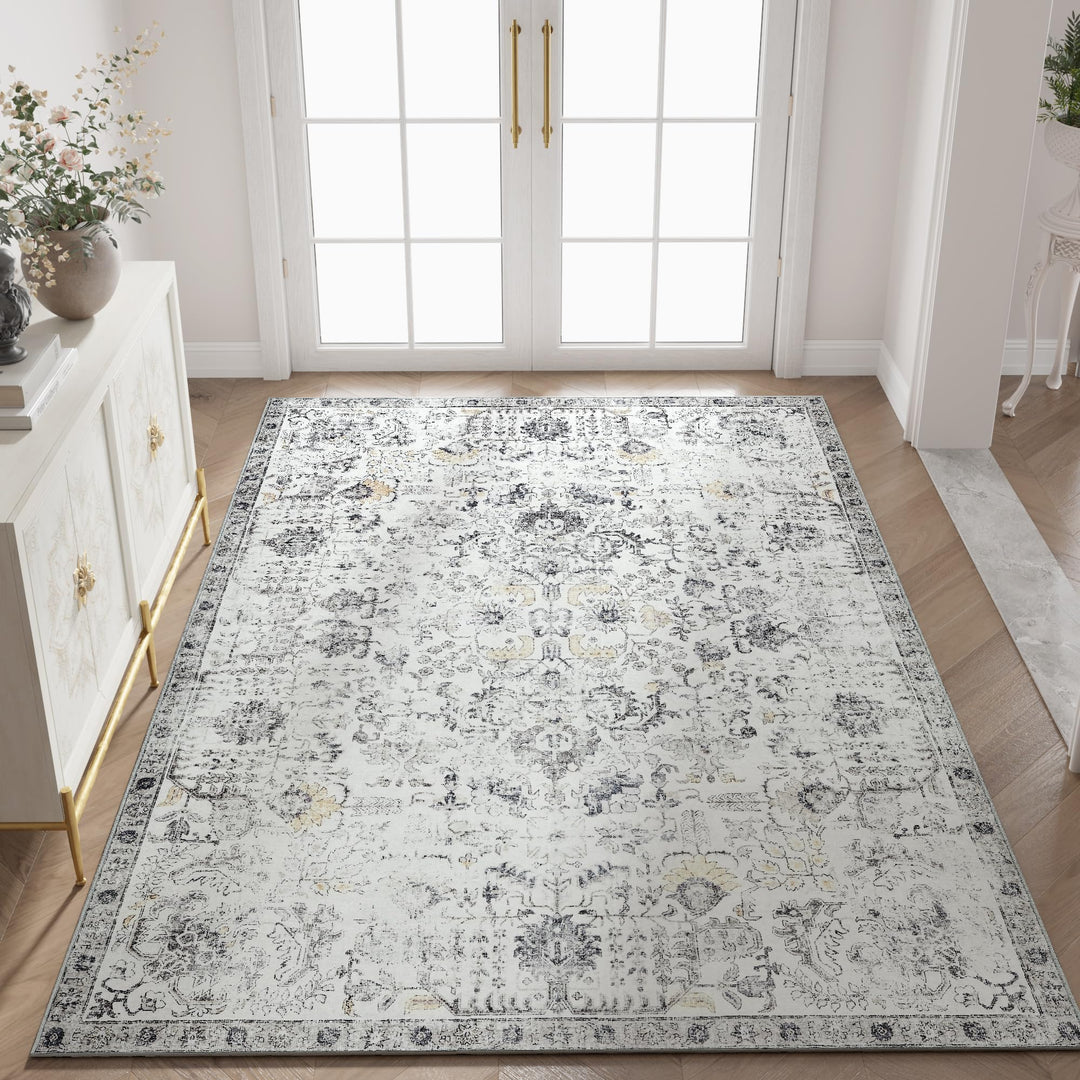 TOPICK Teppich Fussmatte Waschbar Fussmatte Innen Aussen Kurzflor Retro Grau Blume Orientalischer Te