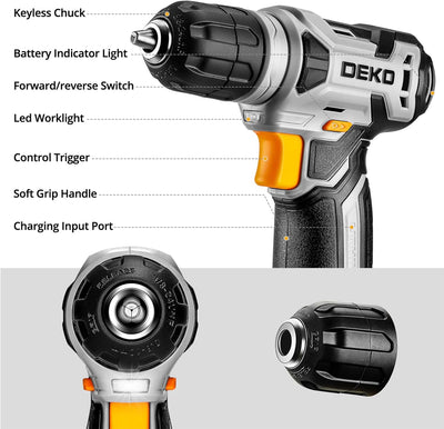 DEKO 126 Stück Elektrowerkzeug Combo Kits mit 8V Akku Bohrer, 10MM 3/8'' Keyless Chuck, Professionel