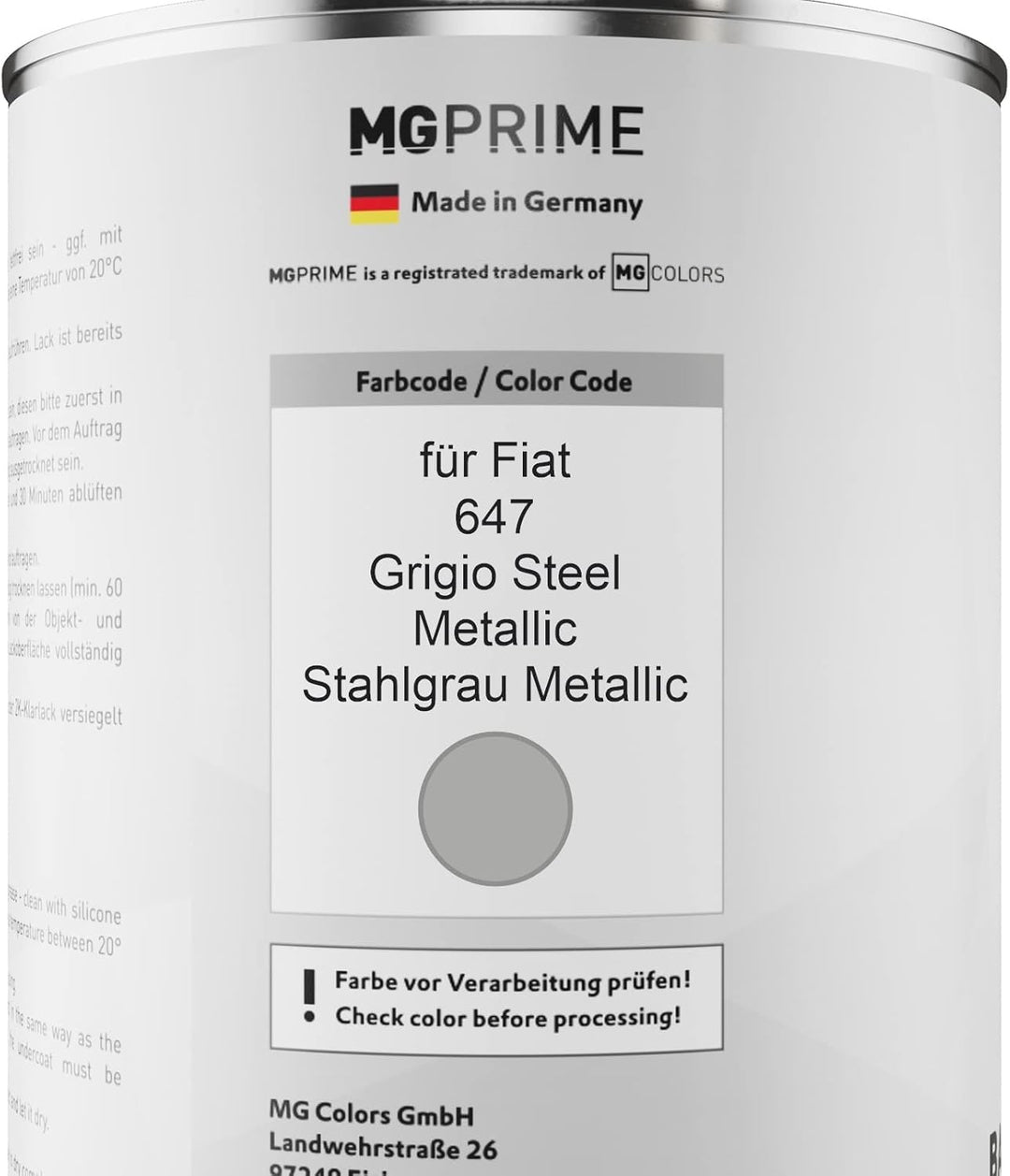 MG PRIME Autolack Dose Set für Fiat 647 Grigio Steel Metallic/Stahlgrau Metallic Basislack 2K Klarla