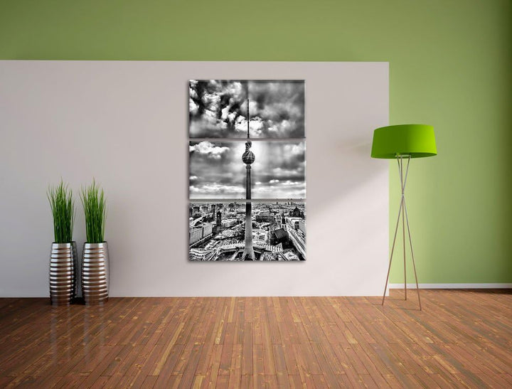 Pixxprint Monocrome, Grossstadt Fernsehturm, Berlin City 3-Teiler Leinwandbild 120x80 Bild auf Leinw
