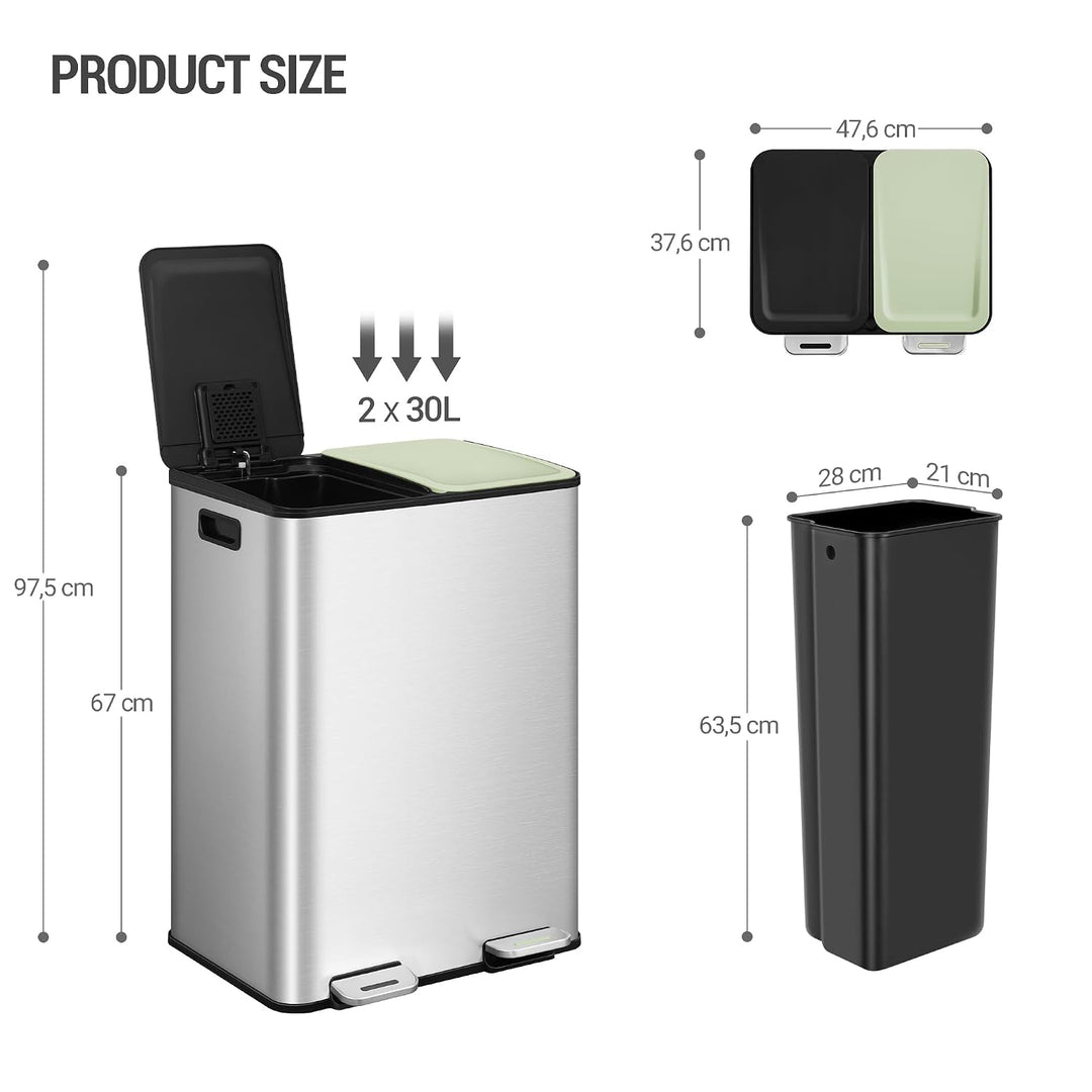 Hzuaneri Mülleimer Küche, 2 x 30 L, Mülltrennsystem 2 Fächer, Mülleimer mit Farbigem Soft-Close-Deck