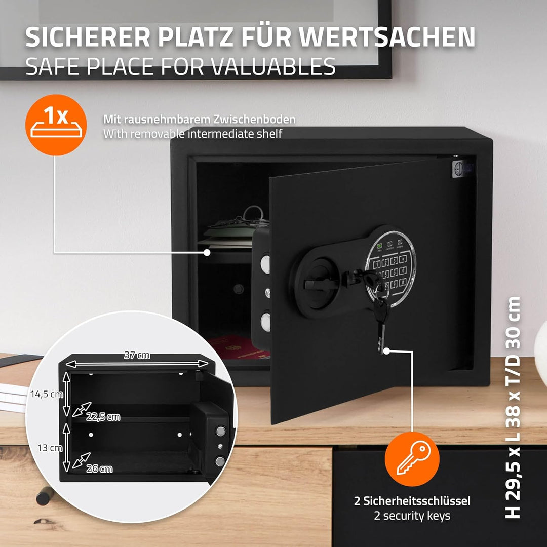 ECD Germany Safe Tresor Feuerfest 27L 38x30x29,5cm, Stahl, Wandtresor mit Sensorlicht & Digitale Tas