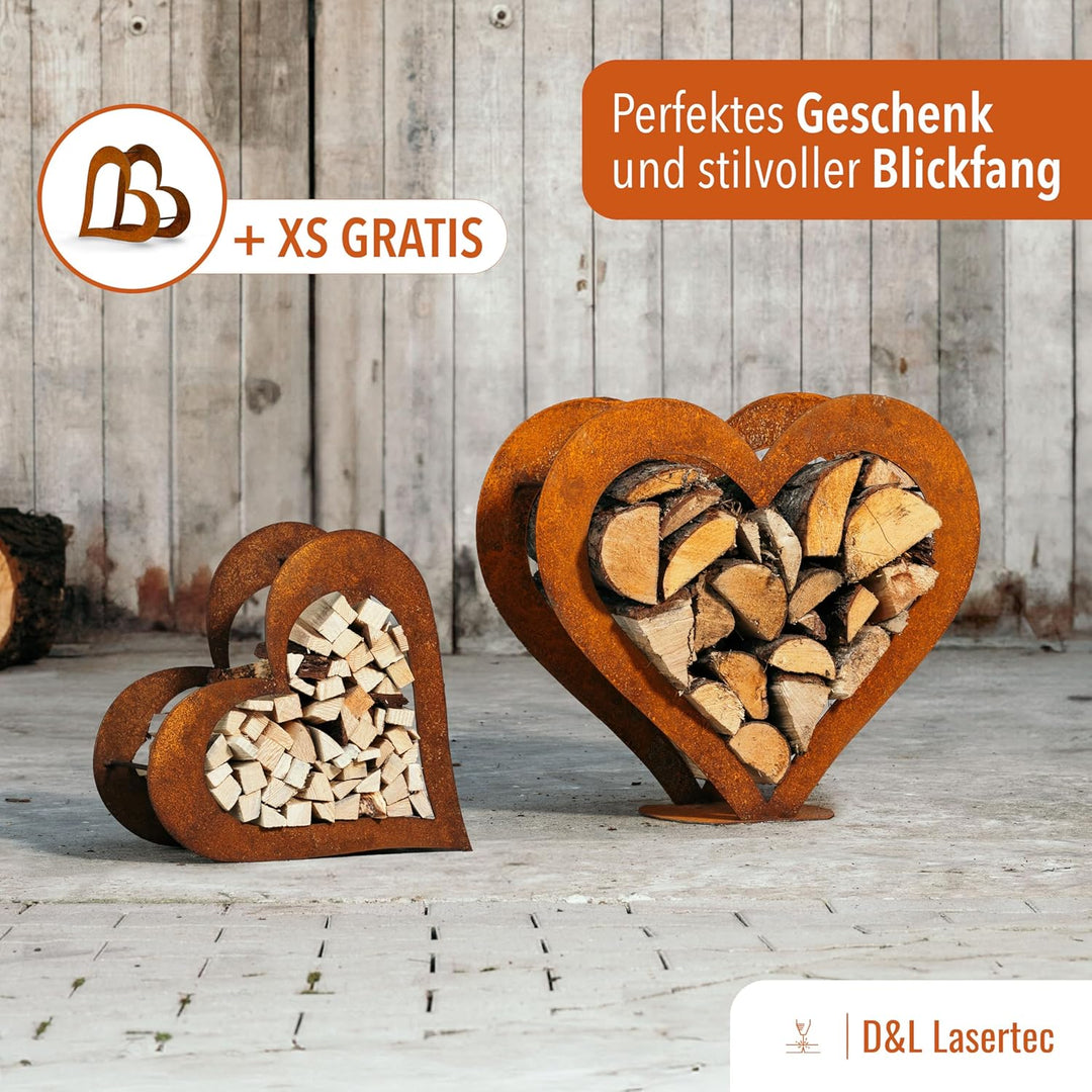 D&L Lasertec Kaminholzkorb, Herz aus Metall, Rost, Edelrost, Holzregal - Deko - SET M+S+XS