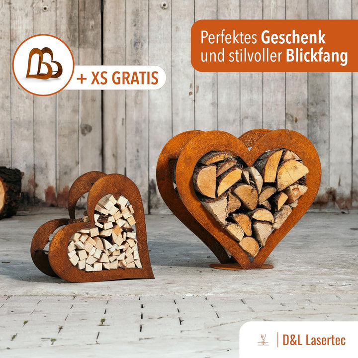 D&L Lasertec Kaminholzkorb, Herz aus Metall, Rost, Edelrost, Holzregal - Deko - SET M+S+XS
