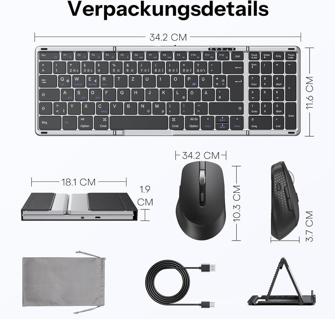 OMOTON Faltbare Tastatur und Maus Kabellose mit Ziffernblock, Bluetooth Tastatur mit Maus Wiederaufl