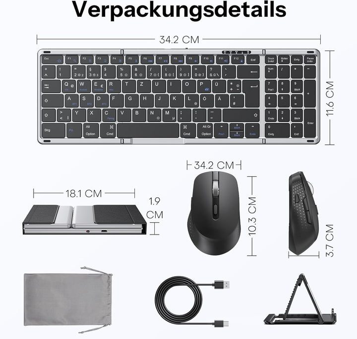 OMOTON Faltbare Tastatur und Maus Kabellose mit Ziffernblock, Bluetooth Tastatur mit Maus Wiederaufl