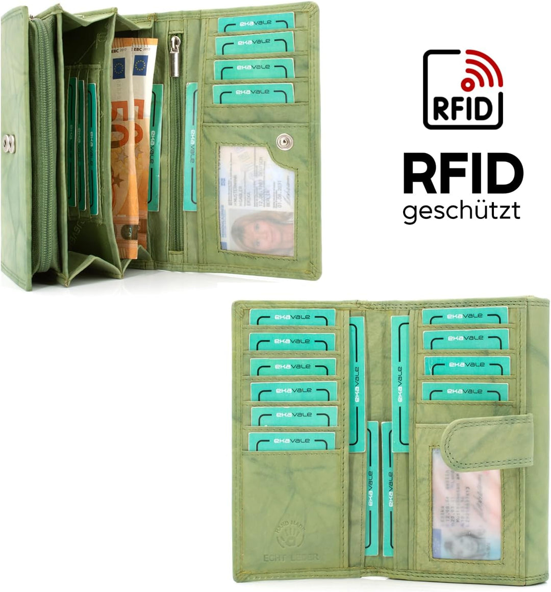ekavale Damen-geldbörse XXL aus Rindsleder mit RFID Leder-Geldbörse mit vielen Fächern für Frau (Ant