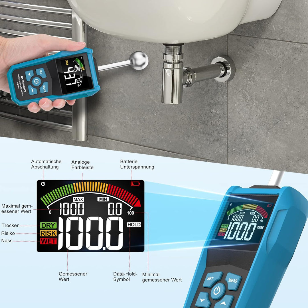 Feuchtigkeitsmessgerät，DURFICST Feuchtigkeitsmesser mit Farb-LCD und Akustischem Alarm，Geeignet für