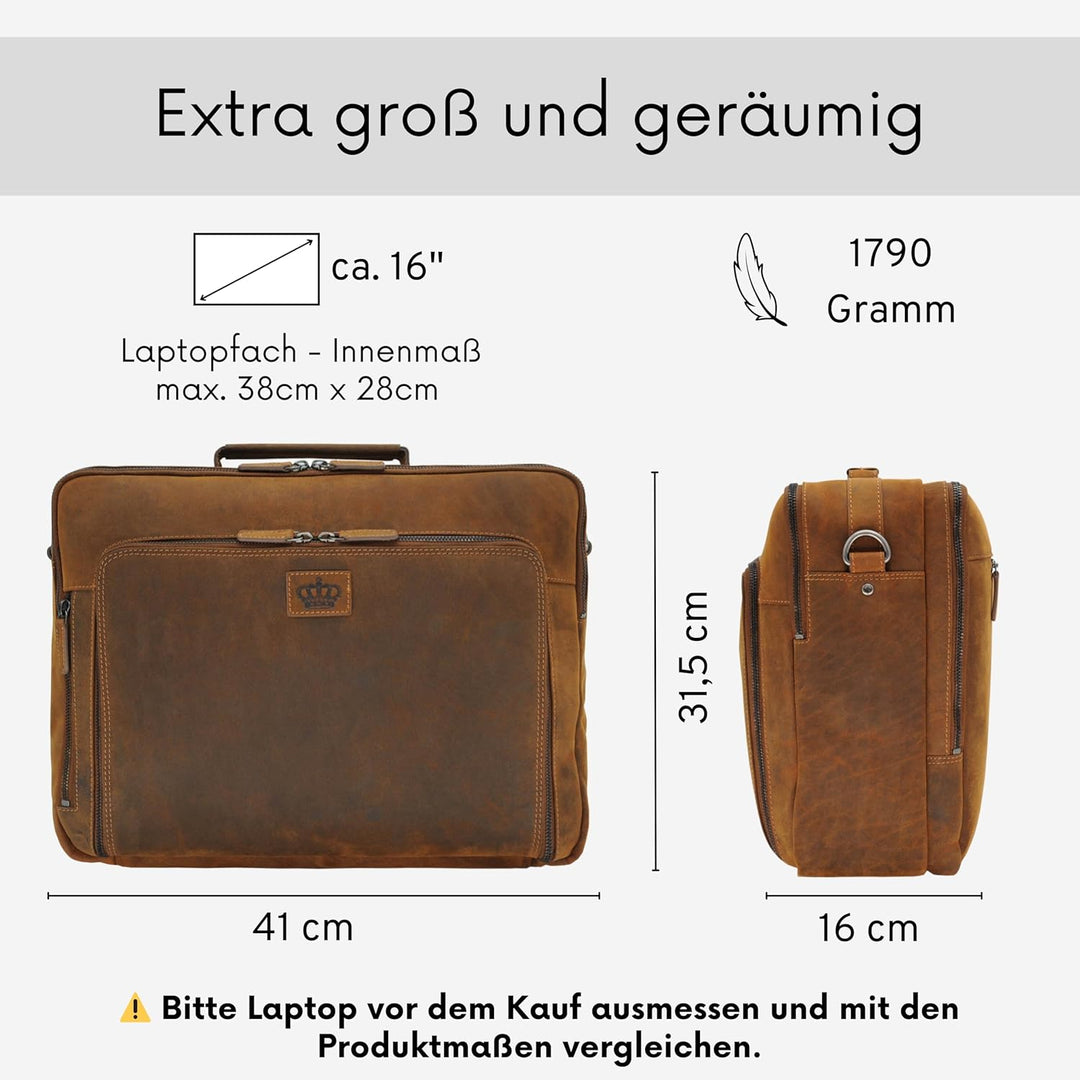 Baur XXL Tasche Echtes Leder | Laptoptasche bis 16 Zoll | Handgefertigte Businesstasche | Aktentasch